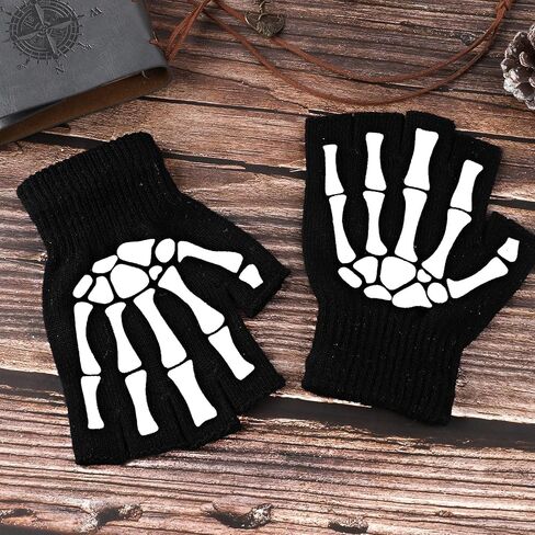 WLLHYF قفازات هيكل عظمي للهالوين قفازات نصف إصبع على شكل عظمة جمجمة تتوهج في الظلام إكسسوارات أزياء الهالوين للرجال والنساء والأطفال فستان تنكرية in Kuwait