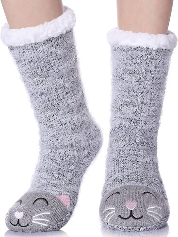 LANLEO Fuzzy Slipper Socks For Women with Grippers Winter Warm Thick Plush Fleece Lining Non Slip Animal Home Socks in Kuwait