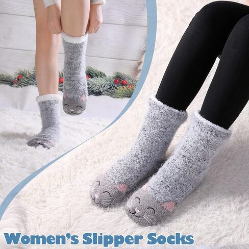 LANLEO Fuzzy Slipper Socks For Women with Grippers Winter Warm Thick Plush Fleece Lining Non Slip Animal Home Socks in Kuwait