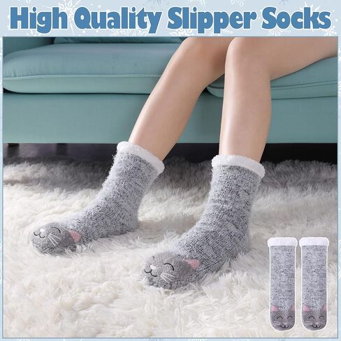 LANLEO Fuzzy Slipper Socks For Women with Grippers Winter Warm Thick Plush Fleece Lining Non Slip Animal Home Socks in Kuwait