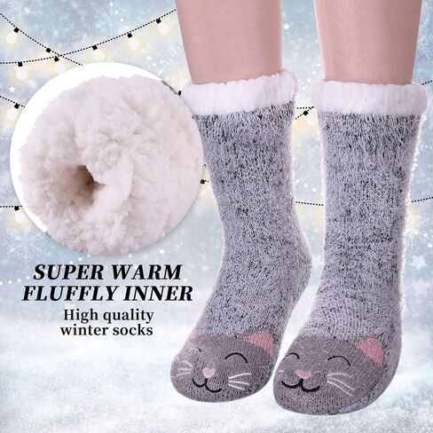 LANLEO Fuzzy Slipper Socks For Women with Grippers Winter Warm Thick Plush Fleece Lining Non Slip Animal Home Socks in Kuwait