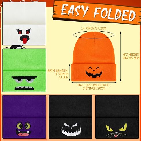 Newcotte 6 Pcs Halloween Beanie Cap Skull Hat Ghost Slouchy Beanie Scary Halloween Knitted Hat Cool Graphic Gothic Embroidery Knit Beanie Cap for Men Women Unisex Knit Winter Beanie Gift in Saudi Arabia