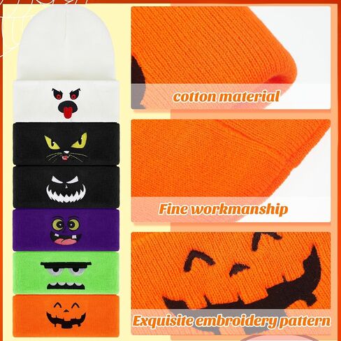 Newcotte 6 Pcs Halloween Beanie Cap Skull Hat Ghost Slouchy Beanie Scary Halloween Knitted Hat Cool Graphic Gothic Embroidery Knit Beanie Cap for Men Women Unisex Knit Winter Beanie Gift in Saudi Arabia