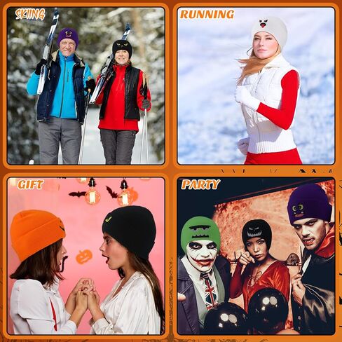 Newcotte 6 Pcs Halloween Beanie Cap Skull Hat Ghost Slouchy Beanie Scary Halloween Knitted Hat Cool Graphic Gothic Embroidery Knit Beanie Cap for Men Women Unisex Knit Winter Beanie Gift in Saudi Arabia