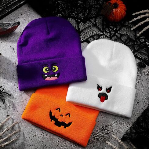 Newcotte 6 Pcs Halloween Beanie Cap Skull Hat Ghost Slouchy Beanie Scary Halloween Knitted Hat Cool Graphic Gothic Embroidery Knit Beanie Cap for Men Women Unisex Knit Winter Beanie Gift in Saudi Arabia