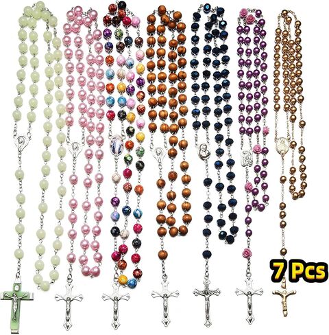 SZQCZB 7 قطع قلادة كاثوليكية من خرز المسبحة و18 قطعة من البطاقة المقدسة، 1 صندوق معدني، هدايا المناولة الأولى كاثوليكية، ميدالية روز لورد وصليب in Kuwait