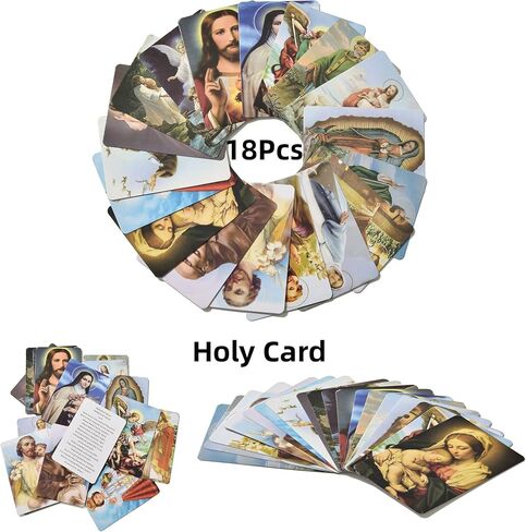 SZQCZB 7 قطع قلادة كاثوليكية من خرز المسبحة و18 قطعة من البطاقة المقدسة، 1 صندوق معدني، هدايا المناولة الأولى كاثوليكية، ميدالية روز لورد وصليب in Kuwait