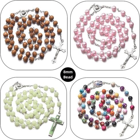 SZQCZB 7 قطع قلادة كاثوليكية من خرز المسبحة و18 قطعة من البطاقة المقدسة، 1 صندوق معدني، هدايا المناولة الأولى كاثوليكية، ميدالية روز لورد وصليب in Kuwait