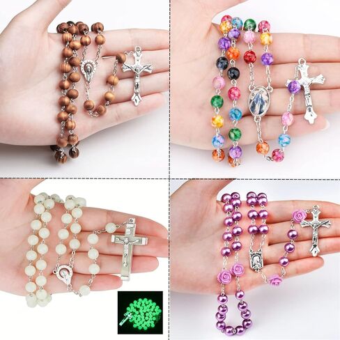 SZQCZB 7 قطع قلادة كاثوليكية من خرز المسبحة و18 قطعة من البطاقة المقدسة، 1 صندوق معدني، هدايا المناولة الأولى كاثوليكية، ميدالية روز لورد وصليب in Kuwait