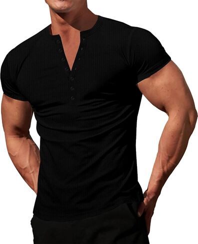 LOGEEYAR Mens Knit Stretch Henley Shirt Workout Slim Fit Short Sleeve Tees Athletic Muscle Casual T-Shirt in Kuwait