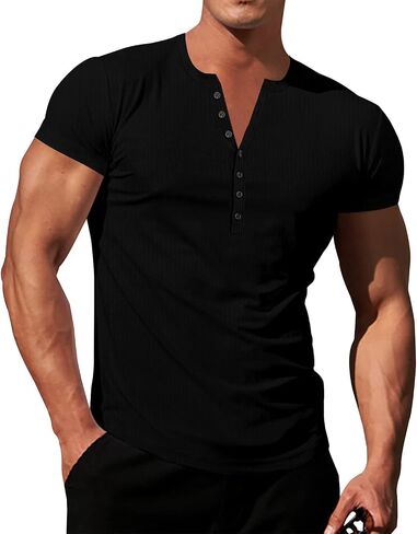 LOGEEYAR Mens Knit Stretch Henley Shirt Workout Slim Fit Short Sleeve Tees Athletic Muscle Casual T-Shirt in Kuwait