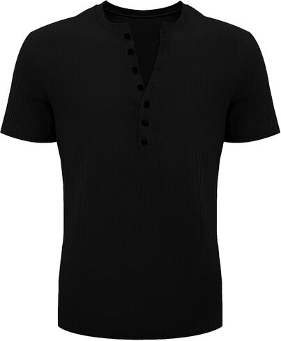 LOGEEYAR Mens Knit Stretch Henley Shirt Workout Slim Fit Short Sleeve Tees Athletic Muscle Casual T-Shirt in Kuwait