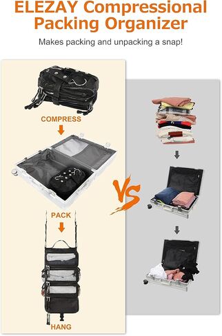 ELEZAY Hanging Packing Cubes with Compression Capability Portable 4-Shelf Closet for Travel Collapsible Space Saver Bag Clothes Organizer for Carry-on Luggage Suitcase Small_18*9 * 7 IN, Lightgrey in Kuwait
