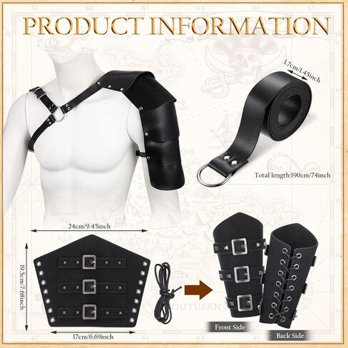 Sanwuta 4 Pcs Halloween Leather Single Shoulder Armor Faux Leather Arm Guards Medieval Viking Knight Belt Costume for Adults Cosplay(Brief) Black in Kuwait