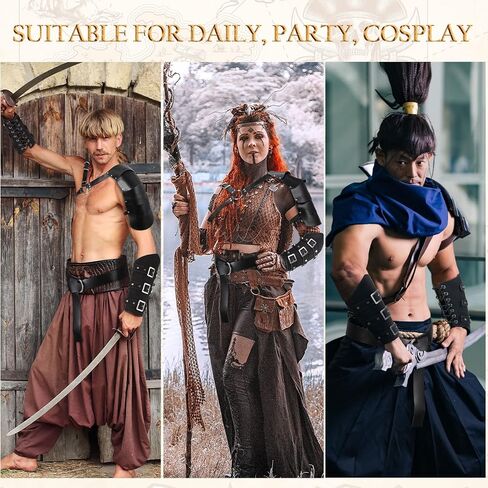 Sanwuta 4 Pcs Halloween Leather Single Shoulder Armor Faux Leather Arm Guards Medieval Viking Knight Belt Costume for Adults Cosplay(Brief) Black in Kuwait