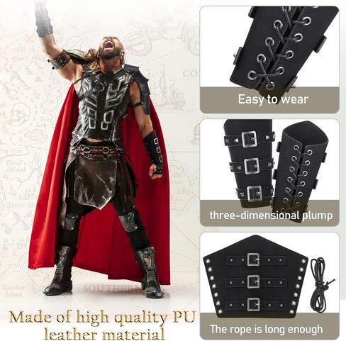 Sanwuta 4 Pcs Halloween Leather Single Shoulder Armor Faux Leather Arm Guards Medieval Viking Knight Belt Costume for Adults Cosplay(Brief) Black in Kuwait