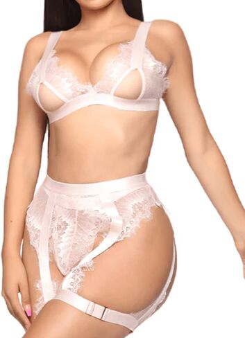 RSLOVE Women Lingerie Set with Garter Belt 3 Piece Lace Strappy Bra and Panty Set Babydoll Bodysuit in Saudi Arabia