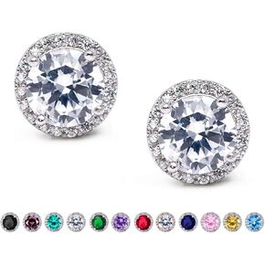 SWEETV Cubic Zirconia Stud Earrings, 8mm Round Cut, Rhinestone Hypoallergenic Earrings for Women & Girls