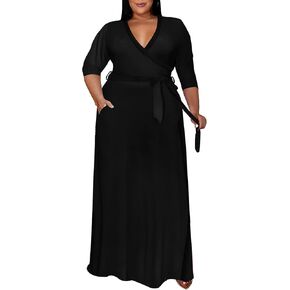 Runwind Plus Size Dress for Women - 3/4 Sleeve V Neck Printing Maxi Dresses for Women （XL-6XL） in Saudi Arabia