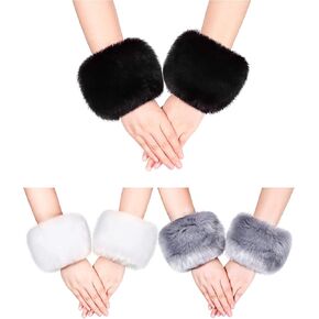 3 Pairs Faux Fur Wrist Cuff Warmers Winter Furry Wrist Warmers for Women Girls in Kuwait