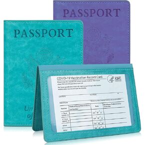 مجموعة حامل بطاقات جواز السفر واللقاحات - قطعتان من حامل جواز السفر من الجلد الصناعي مع فتحة لبطاقة اللقاح، غطاء جواز السفر ملحقات السفر للرجال والنساء والعائلة، ازرق/ارجواني، قطعتين, أزرق/أرجواني in Kuwait