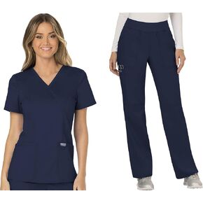 Cherokee Women Scrubs Set Workwear Revolution WW610 Mock Wrap Top & WW110 Mid Rise Straight Leg Pull-on Pant, Navy- XXS Top/XXS Pant in Saudi Arabia