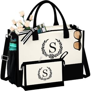 QLOVEA Initial Canvas Tote Bag Makeup Bag, Beach Bag with Zipper, Personalized Birthday Gift for Mom Grandma Sister Friends