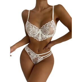 WDIRARA Women's Sexy Floral Lace Print Embroidered Mesh Sheer Underwire Lingerie Set with Belt