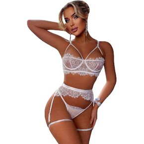 WDIRARA Women's Sexy Floral Lace Cut out Underwire Garter Belt Bra and Panty Lingerie Set with Leg Rings