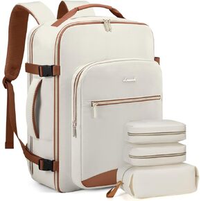 LOVEVOOK Travel Backpack for Women Men as Personal Item Flight Approved, 40L Luggage Carry On Backpack,17.3inch Large Daypack Laptop Backpack Waterproof Outdoor Sports with 3 Packing Cubes,Beige-Brown
