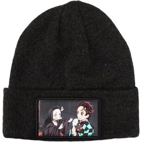 Demon Slayer Character Embroidered Plain Black Cuffed Knitted Winter Beanie Hat