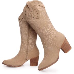 SHIBEVER Cowboy Cowgirl Boots for Women: Wide Calf Western Pointed Toe Chunky Heel Suede Embroidered Mid Calf Boot