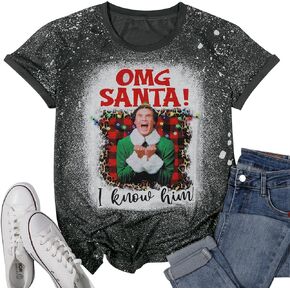 تي شيرت لأصدقاء عيد الميلاد للسيدات OMG Santa I Know Him تي شيرت مضحك لعطلة عيد الميلاد وأفلام جرافيك جديدة بأكمام قصيرة