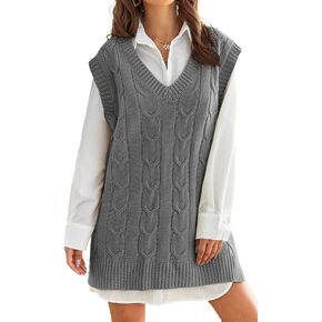 Aiopr Womens Oversized Sweater Vest V Neck Sleeveless Cable Knit Pullover Jumpers Tops in Kuwait