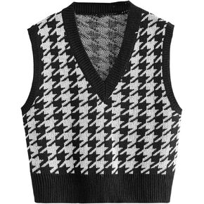 SweatyRocks Women's Sleeveless V Neck Knit Sweater Vest Houndstooth Crop Tank Top