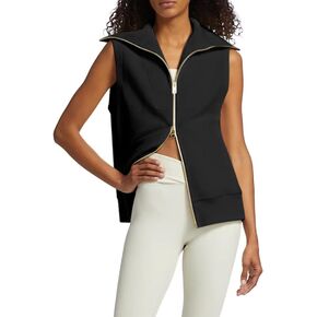 Viottiset Women's Ribbed Full Zip Lapel Collar Sleeveless Sweatshirt Sweater Vest Fall Casual Top