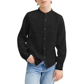 Mafulus Boys Button Down Linen Shirt Long Sleeve Mandarin Collar Loose Fit Casual School Summer Top