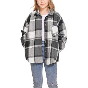 Flypigs Girls Long Sleeve Flannel Shirts Button Down Plaid Shacket Jacket Casual Collared Shirt Blouses Tops with Pocket