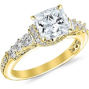 14K White Gold 3 to 7 Carat LAB GROWN DIAMOND Designer Four Prong Pave Set Round Princess Cut Diamond Engagement Ring (G-H Color VS1-VS2 Clarity)
