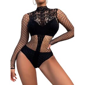 FasiCat Women Sexy Lace Flexible Fishnet Teddy Lingerie Mesh Bodysuit Mini Dress in Kuwait