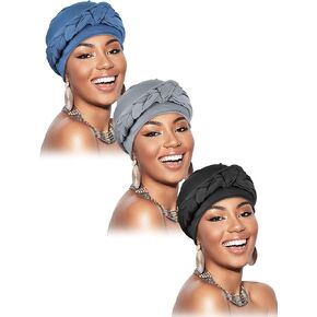 3 Pieces Head Wrap Turban Headwear Pre-Tied Twisted Braid Hair Cover Headwrap Hats for Women Girls