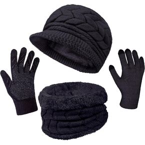 3-Pieces Winter Hat Gloves Scarf Set, Knit Warm Beanie Hat Neck Warmer Touch Screen Mittens for Women