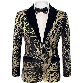 Cacycasa Men’s Sequins Blazer Floral Suit Jacket Lapel Tuxedo for Party Wedding Banquet Prom