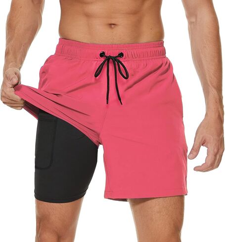 Arcweg Mens Swim Trunks with Compression Liner 2 in 1 Beach Swimming Trunks Quick Dry Swim Shorts with Zipper Pockets in Saudi Arabia