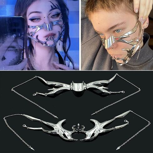 قناع تنكر KF Ornament CyberPunk Cyborg، قناع نصف وجه ماردي جراس قناع معدني سائل غير منتظم للوجه للنساء in Kuwait