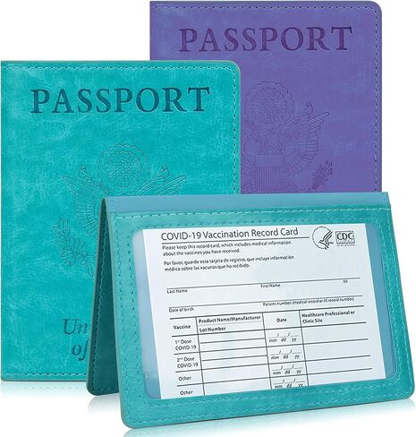 مجموعة حامل بطاقات جواز السفر واللقاحات - قطعتان من حامل جواز السفر من الجلد الصناعي مع فتحة لبطاقة اللقاح، غطاء جواز السفر ملحقات السفر للرجال والنساء والعائلة، ازرق/ارجواني، قطعتين, أزرق/أرجواني in Kuwait