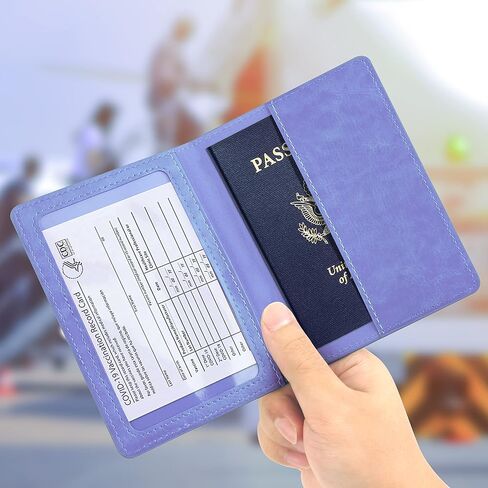 مجموعة حامل بطاقات جواز السفر واللقاحات - قطعتان من حامل جواز السفر من الجلد الصناعي مع فتحة لبطاقة اللقاح، غطاء جواز السفر ملحقات السفر للرجال والنساء والعائلة، ازرق/ارجواني، قطعتين, أزرق/أرجواني in Kuwait