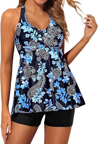 Yonique Two Piece Tankini Swimsuits for Women with Shorts Halter V Neck Bathing Suits Flowy Twist Front Swimwear in Kuwait