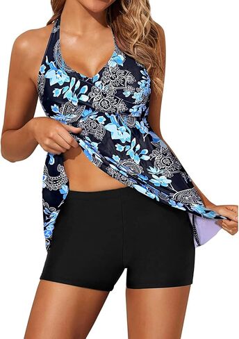 Yonique Two Piece Tankini Swimsuits for Women with Shorts Halter V Neck Bathing Suits Flowy Twist Front Swimwear in Kuwait