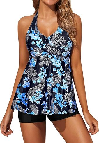 Yonique Two Piece Tankini Swimsuits for Women with Shorts Halter V Neck Bathing Suits Flowy Twist Front Swimwear in Kuwait